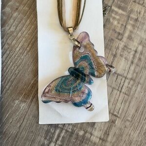 Glass Butterfly Pendant Necklace blue purple foiled glass